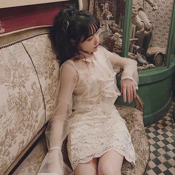 

bobon21 princess sweet lolita blouse french romantic retro style multi-layer lace mesh semi-permeable blouse fashion women t1746, White