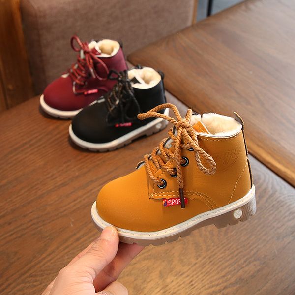

autumn and winter new children' martin boots female baby boots plus velvet cotton shoes boys 1-3 years old 5 leather, Black;grey