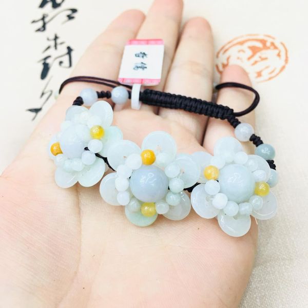 

zheru jewelry pure natural jadeite jade handmade three sun flower bracelets men and women bracelet send class a certificate, Golden;silver
