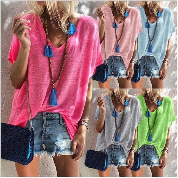 

2019 color large size loose v-neck short sleeve t-shirt female 2019 color large size loose v-neck candy candy short sleeve t-shirt female, White