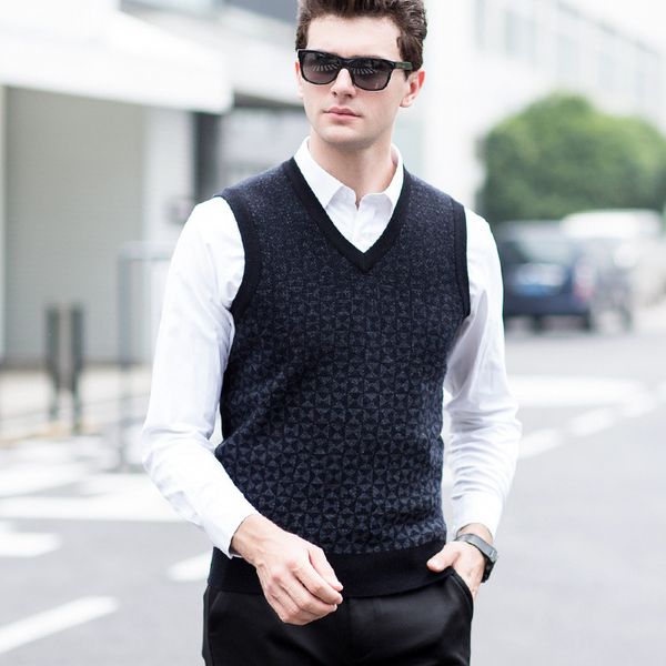 

new autumn winter men pure wool sweater thick casual computer knitted v-neck vest, sleeveless size s m  xl xxl, Black;white