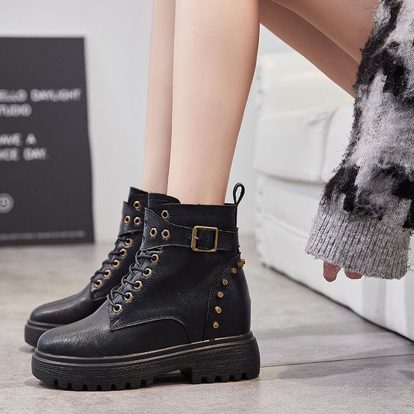 

women's leather boots booties woman 2019 high heels winter footwear luxury designer wedge shoes boots-women lace up round toe, Black
