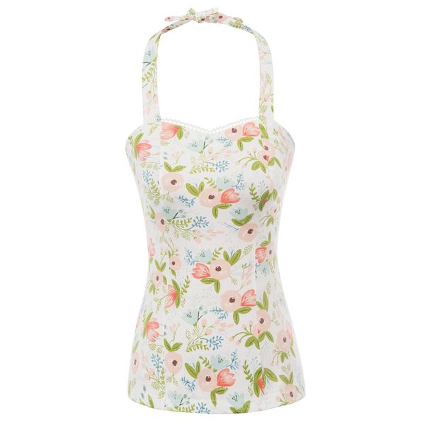 

vintage beach casual outdoor womens ladies summer halter cross-back floral sleeveless, White