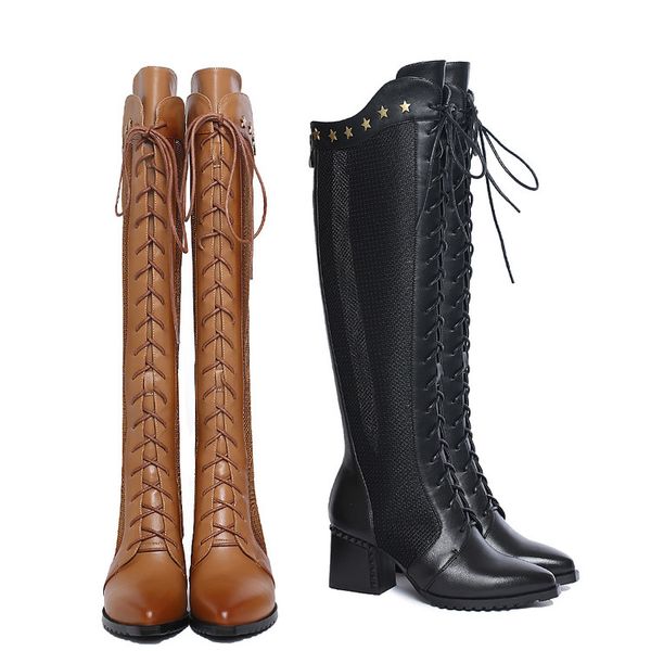 

cowhide hollow women boots lace wire mesh high heels boots fashion straps over kneeth length high heels elegant party, Black