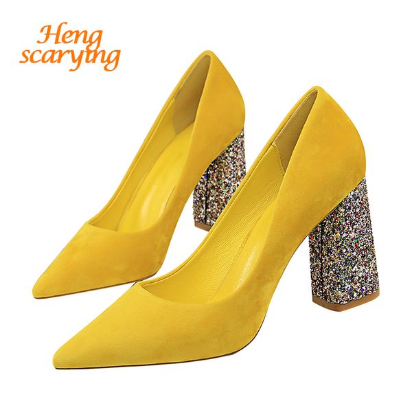 

2020 female 8cm high glitter heels block pumps ladies chunky tacones heels woman scarpin elegant party wedding yellow shoes, Black