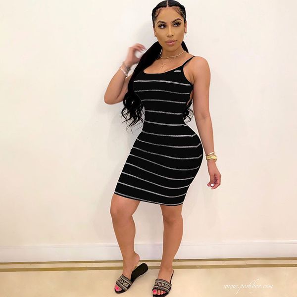 

striped print casual summer dress women spaghetti straps sleeveless slim fit backless bodycon dress mini sundress lounge wear, Black;gray