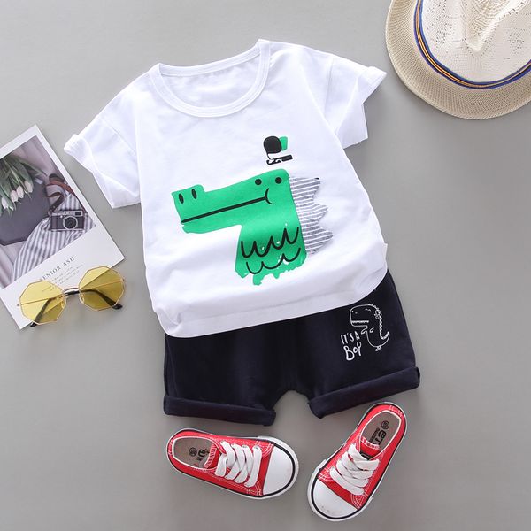 

kid girl boy summer clothing set new cute cartoon dinosaur children clothing short sleeve shirt pants boys suit, White