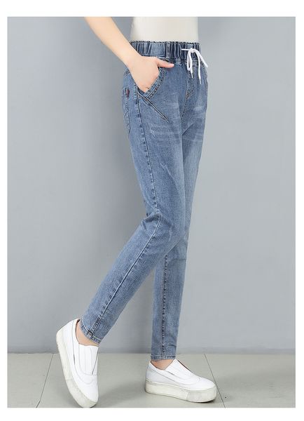 

светло-голубой эластичный пояс семь рваных джинсов, Blue