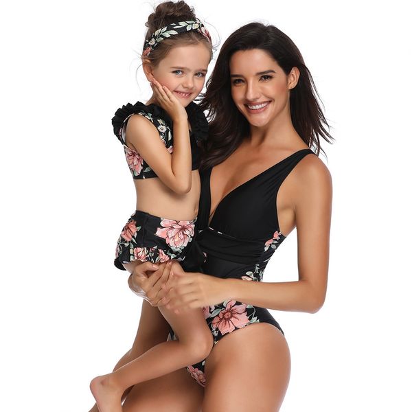 

children swimwear girls beachwear bathing girls parental print split swimsuit mayo de bain fille a1, Black