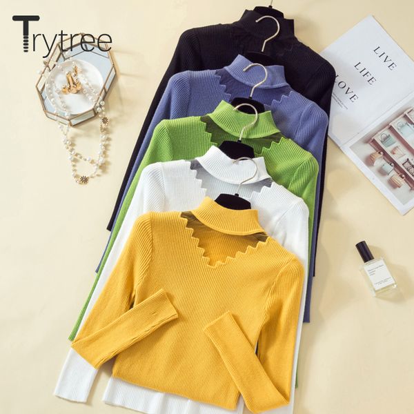 

trytree autumn winter women casual sweater turtleneck hollow out all-purpose style 8 colour sweater slim fit knitting, White;black