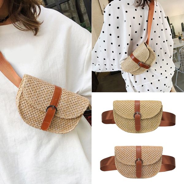 

women's bohemian straw waist fanny pack fashion holiday beach shoulder messenger bag waist pack bags khaki pink chest belt bag