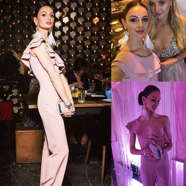 

elegant evening dresses one-shoulder jumpsuits lace satin prom gowns 2021 custom made pants dress special occasion wear, Black;red