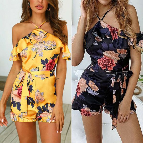 

new women ladies boho holiday clubwear off shoulder floral playsuit bodycon party jumpsuit & romper short trousers 2 color, Black;white