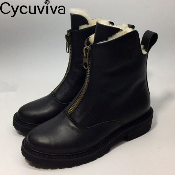 

new winter wool women snow boots leather flat shoes woman platform black boots runway zipper warm short femme