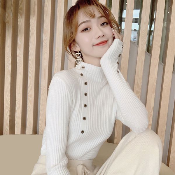 

bella philosophy 2019 knitted women half high collar sweater pullovers autumn basic button women sweaters slim fit black top, White;black