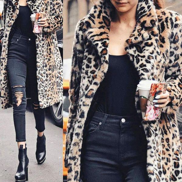 

fashion women autumn winter leopard lapel collar plush cardigan sliming coat, Black
