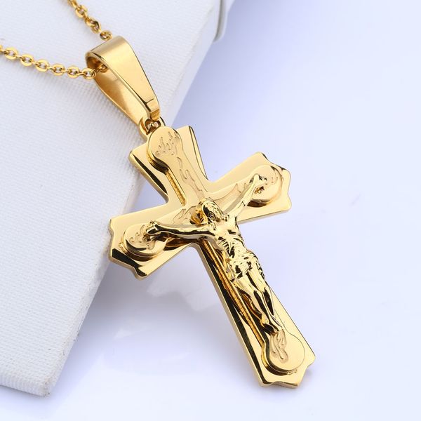 Moda- Pingente Marca Colar Prata Cor Dourada Jóias Antiga Cruz Crucifixo Jesus Cruz Pingente Colares Para Mulheres Homens Presente de Natal