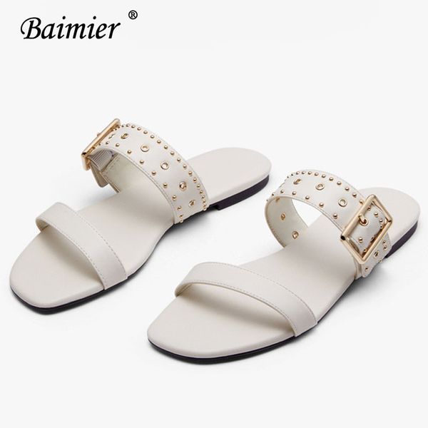

2020 fashion women open toe sandals rivet buckles mules outdoor slipper women woman retro casual flats large size shoes, Black
