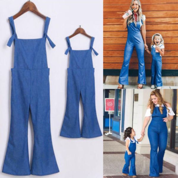 

emmababy мода мать дочь соответствующий комбинезон дамы дети девушки случайные твердые джинсовые комбинезоны тонкие брюки наряды, Blue