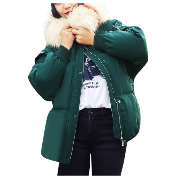 

pockets short winter coat women casual fashion warm female padded full sleeve fur collar female parkas mujer invierno 2019, Black