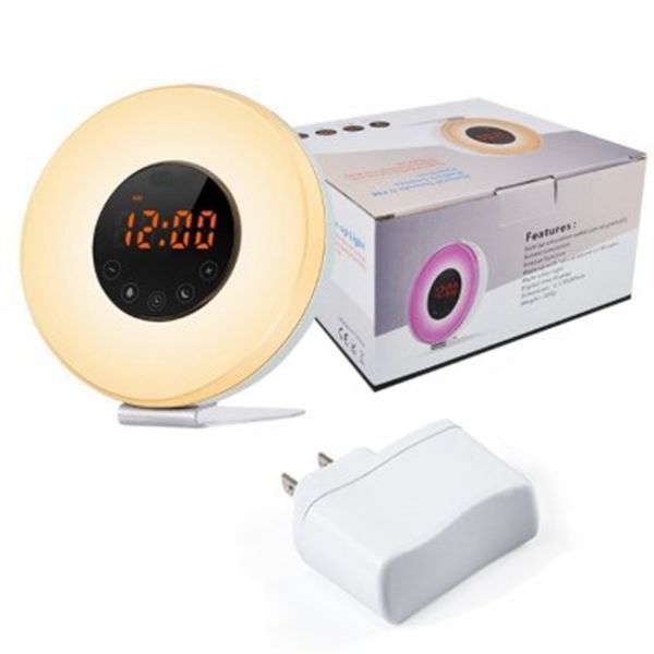 

led digital alarm clock sunrise wake up light simulation bedside lamp night light snooze/sunset fm radio memory function