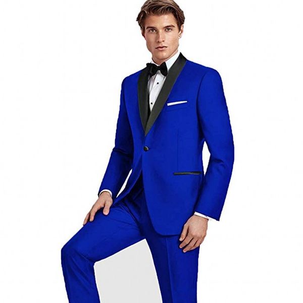 New Style Groomsmen Royal Blue Noivo Smoking xaile preto lapela Men Suits Wedding melhor homem Noivo (Jacket + Calças + Vest + Tie) L186