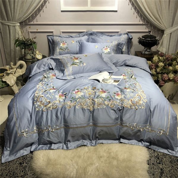 Luxury Blue Egyptian Cotton Bedding Set Queen King Size Bed Sheet