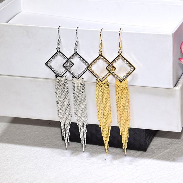 

european and american fringed square geometric earrings simple crystal tassel earrings women's gold and silver long