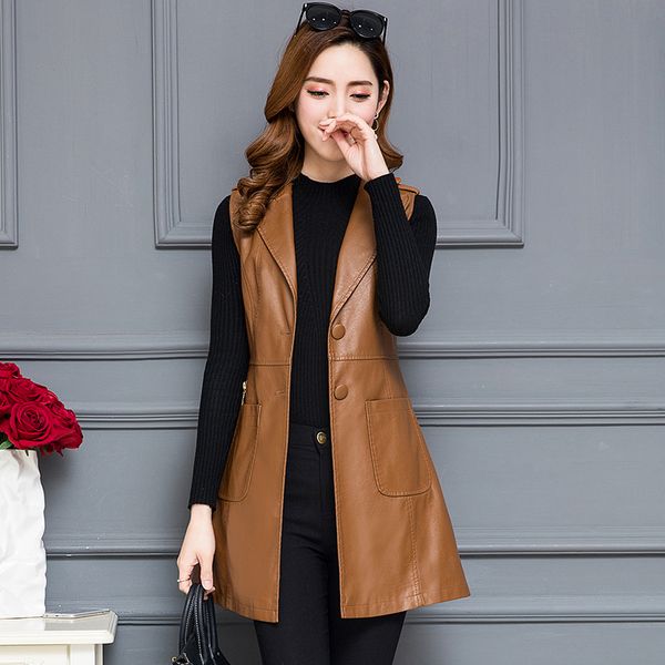 

leather vest women long slim 2019 autumn new leather jacket women outerwear fashion plus size coat female clothing black