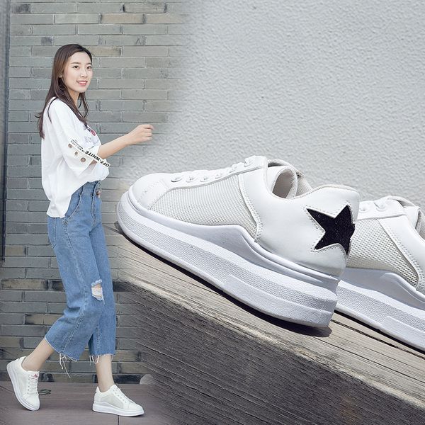 

white shoes women 2019 summer mesh red joker base flat mesh breathable hollow sports tide shoes foreign style white, Black