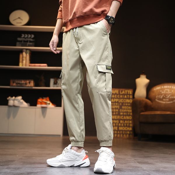 

mens designer tooling casual pants fashion thin multi-pocket small feet tooling pants men, Black