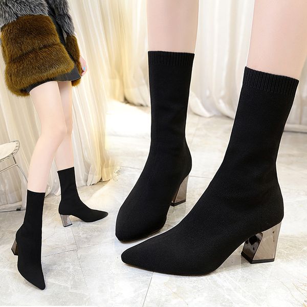 

upuper fashion long boots women stretch fabric high heels women boot pointed toe shoes 2019, Black