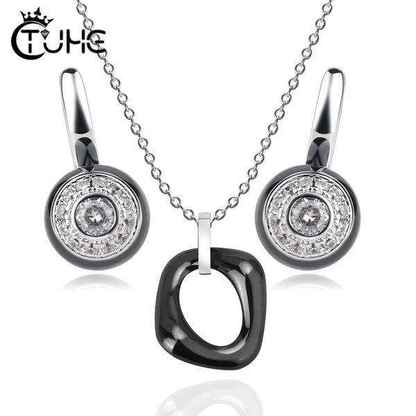 

fashion healthy ceramic pendant earring for female stud earrings geometric necklace bride wedding jewelry sets gift, Silver