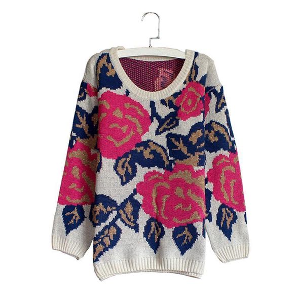 

rose flowers print sweater autumn winter europe us retro new women colorful red blue contrast color knit pullover thick warm wool blend
