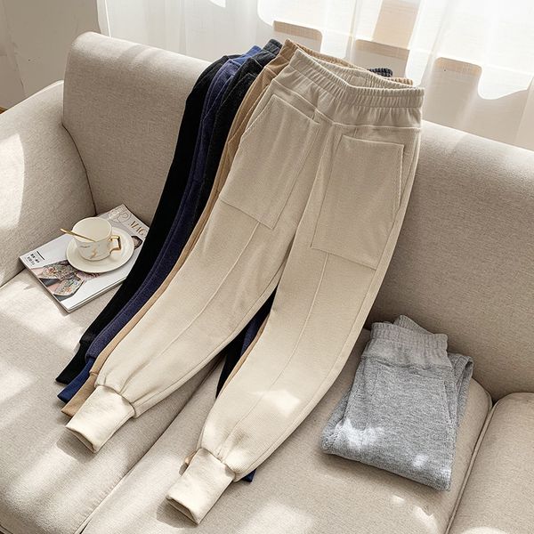 

corduroy radish haren pants women vintage casual elastic high waist pencil pant trouser female fashion black apricot bottoms, Black;white