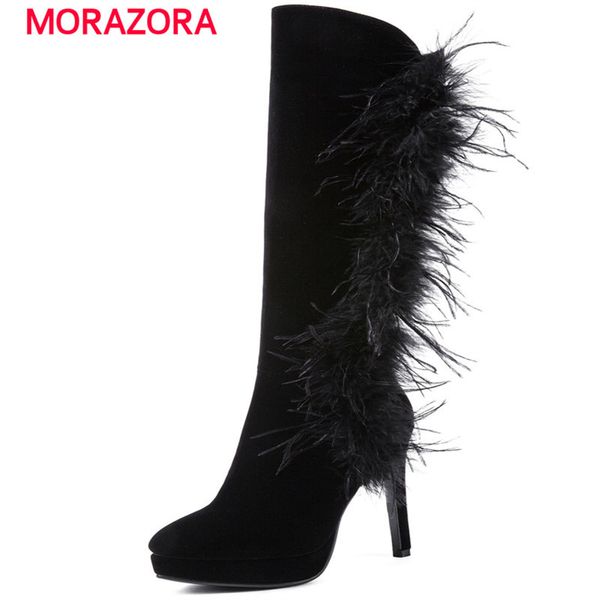 

morazora 2018 new fashion feather knee high boots autumn winter cow suede leather boots round toe super high heel women, Black