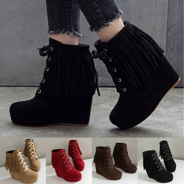 

fashion wedge heel boots high heels solid color women shoes lace-up round toe winter boots women botas mujer zapatos mujer 2019, Black