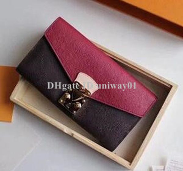 

Quality women wallet clutch genuine leather original box card holder brand de igner checked flower, Red;black