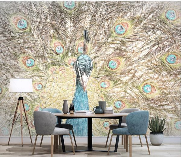 Güzel manzara duvar kağıtları modern minimalist el boyalı tavuskuşu tüyü tv arka plan duvar boyama