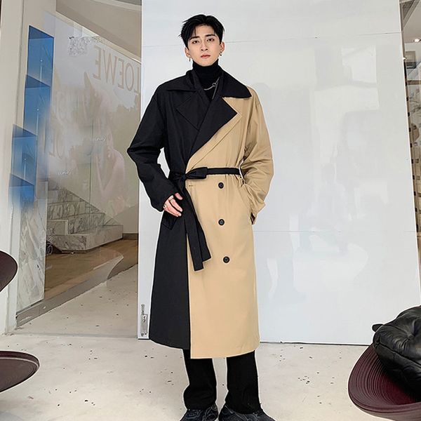 

men double breasted loose business casual long windbreaker jacket male streetwear vintage fashion trench coat overcoat outerwear, Tan;black