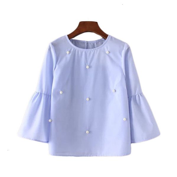 

blouse women clothes vintage women flare sleeve beading decoration blouses shirts lady o neck pullover feminine blusas good quality, White