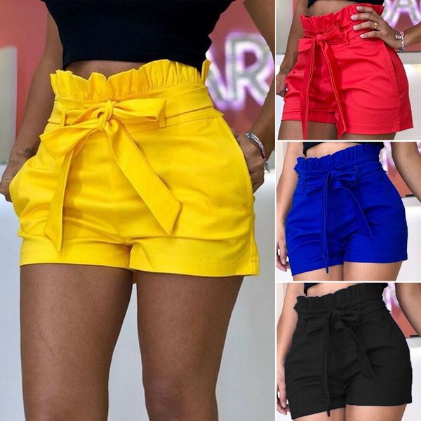 

new style women's summer shorts high waist casual belted pure color bow short trousers ruffles plus fashion 2019, White;black