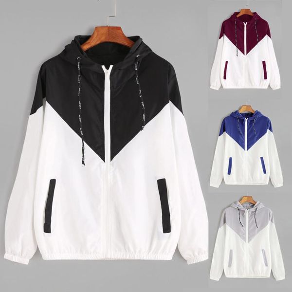 

jackets women long sleeve jacket women clothing coat patchwork thin skinsuits hooded zipper with pockets coat veste femme, Black;brown