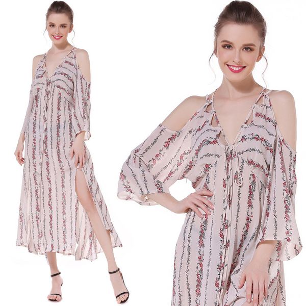 

womens designer summer chiffon printed sling shoulder-leaking dress neck v-neck long skirt, Black;gray