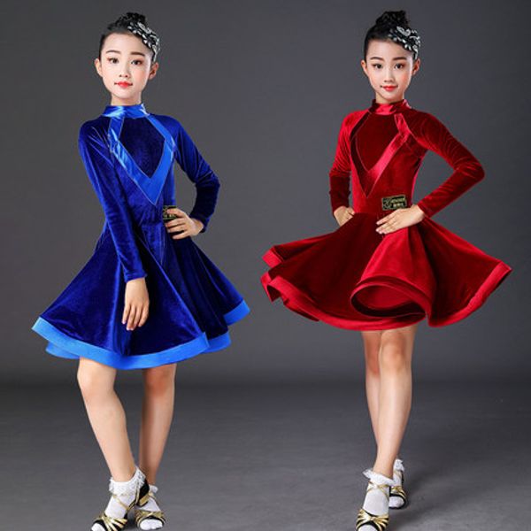 

velvet long sleeves latin dance dress for children girls competition ballroom kids tango salsa dancewear practice wear cha cha, Black;red