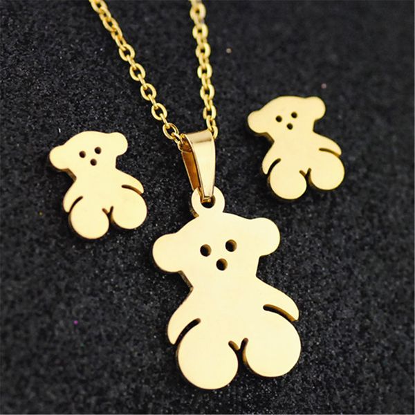 

Lovely Trendy Bear Shape Stainless Steel Earring Necklace Jewelry Set Gold Silver Color Women Girls Mother's Day Gift Set