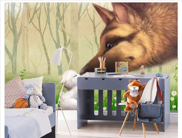 

papel de parede custom 3d p mural wall paper cartoon wolf and small animal children room background decoration wallpaper for walls 3d