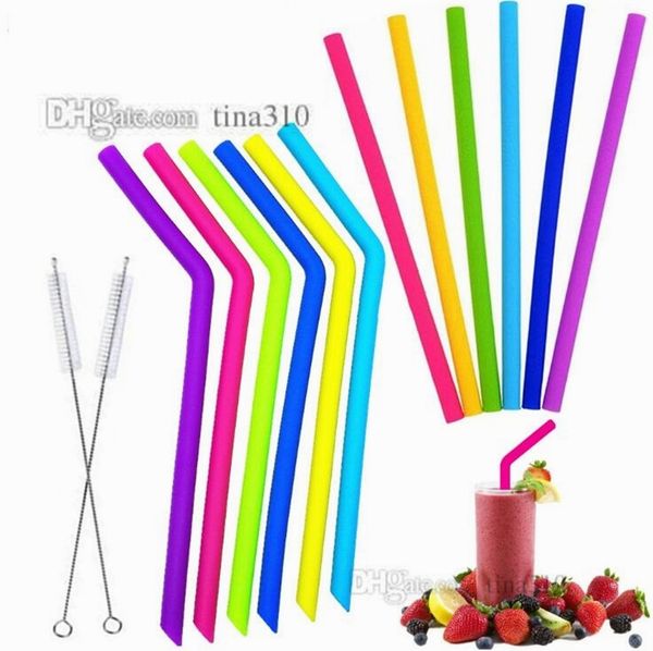 

new silicone drinking straws set 25cm straight bent flexible reusable straws with 1pcs cleaning brushes 7pcs/set 4690