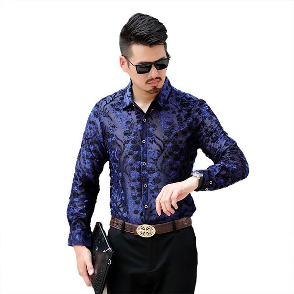 

male hollow shirts new design floral clothes long sleeve man see through turn-down collar dress shirts, White;black