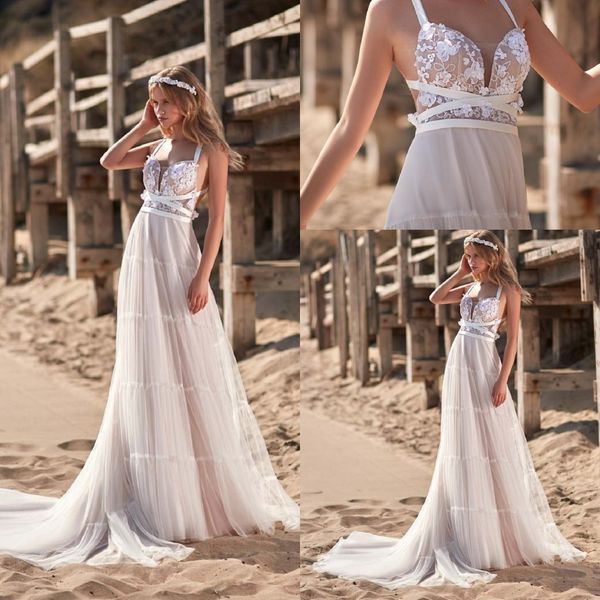 

modest a line maisonsignore bohemian dresses spaghetti sleeveless tulle lace applique sash wedding gowns sweep train robe de mariÃ©e, White